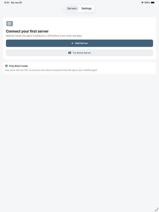 Settings with demo server entry on iPad.